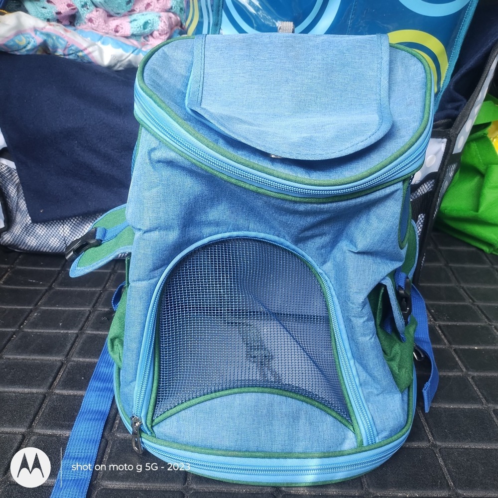 Blue Green Pet Carrier Backpack for Small Dogs Cats Mesh Travel Bag with Tether - Picture 3 of 5